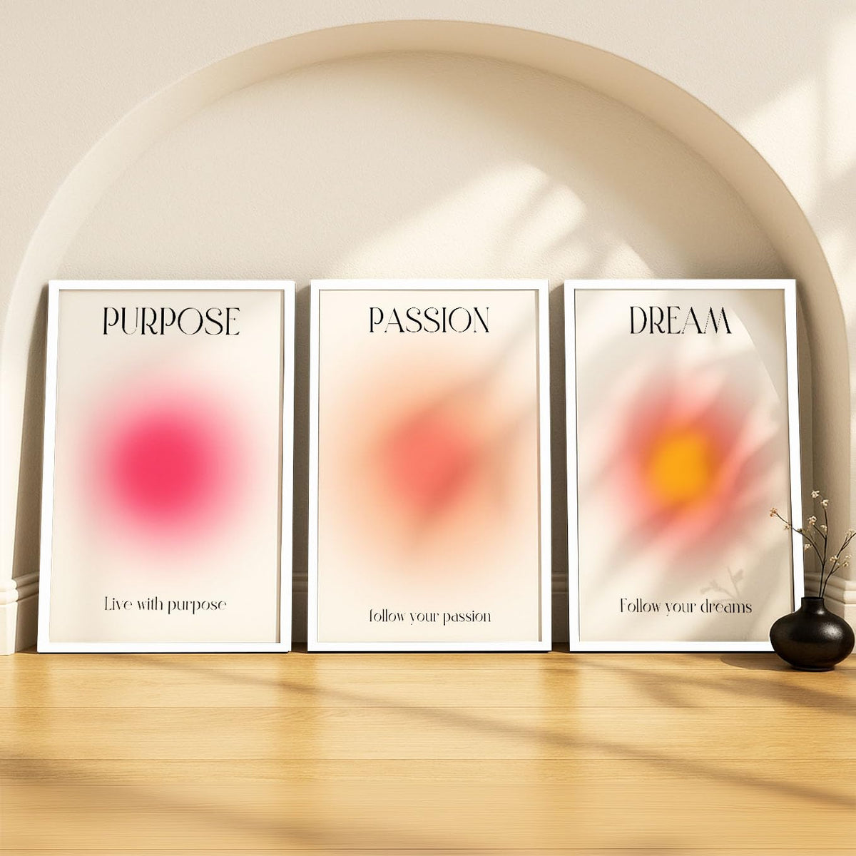 SoulAbiti Purpose Passion Dream set of 3 Framed Wall Print 12x18 inch White Frame PlexiGlass Aura Art ready to hang for living