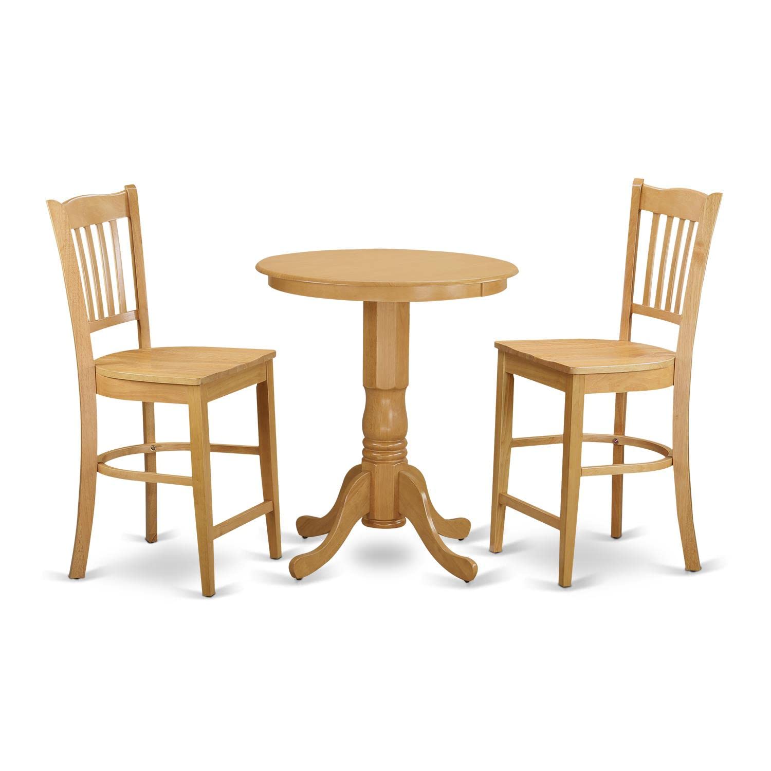 East West Furniture EDGR3-OAK-W 3 Piece Kitchen Counter Height Dining Table Set Contains a Round Wooden Table with Pedestal and 2 Dining Chairs, 30x30 Inch, Oak