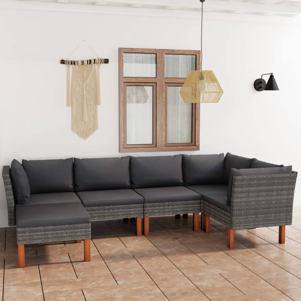 vidaXL 6 Piece Patio Lounge Set - Weather-Resistant PE Rattan and Powder-Coated Steel Frame with Solid Eucalyptus Wood Legs - Gray/Anthracite