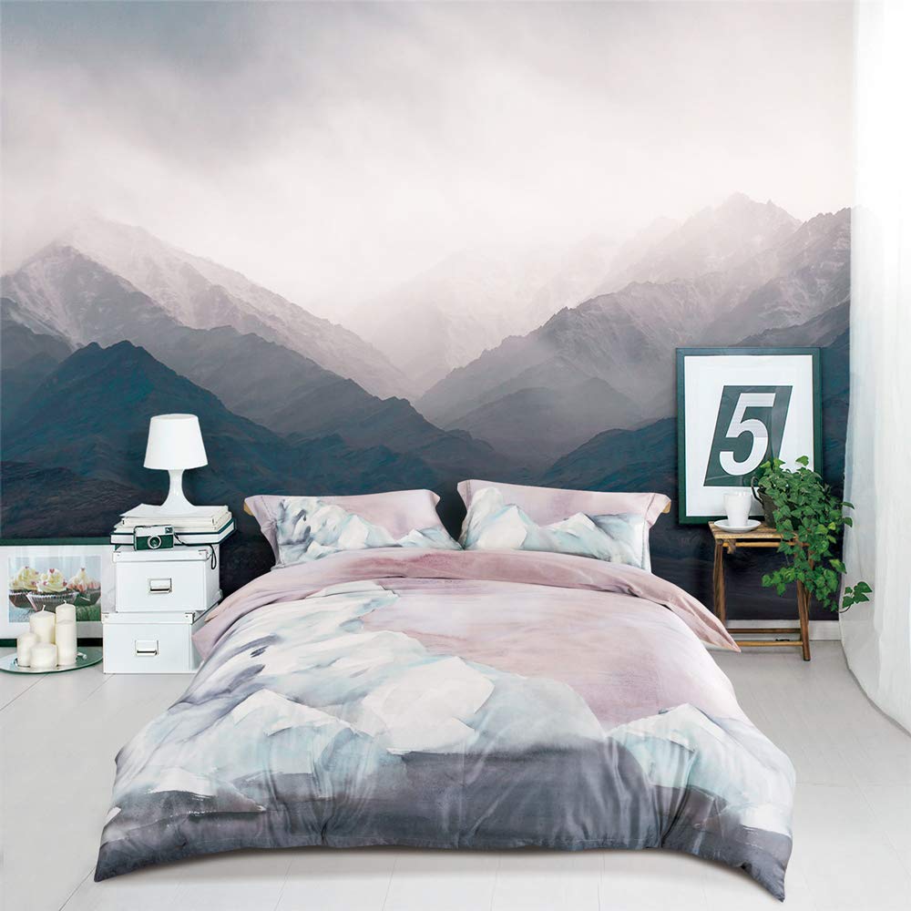 MILDLY 100% Long-Staple Cotton Duvet Cover Set Abstract Gray Pink Marble Pattern Printed Comforter Cover 3pcs, Ultra Soft & Brea