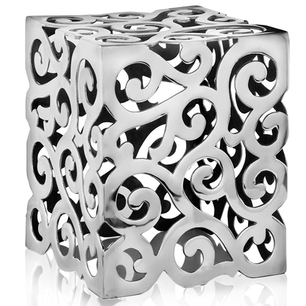 Modern Day Accents 3806 Paisley Square Stool, Decorative Chair, Ottoman, Accent Chair, End Table, Side Table,Silver, Aluminum, A