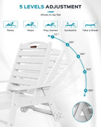 Lounge Chair Outdoor, Oversized Chaise Lounge Chair With 5 Positions, Hdpe, Patio Lounge Chair With Wheels & Cup Holder For Pool, Deck, Poolside, White