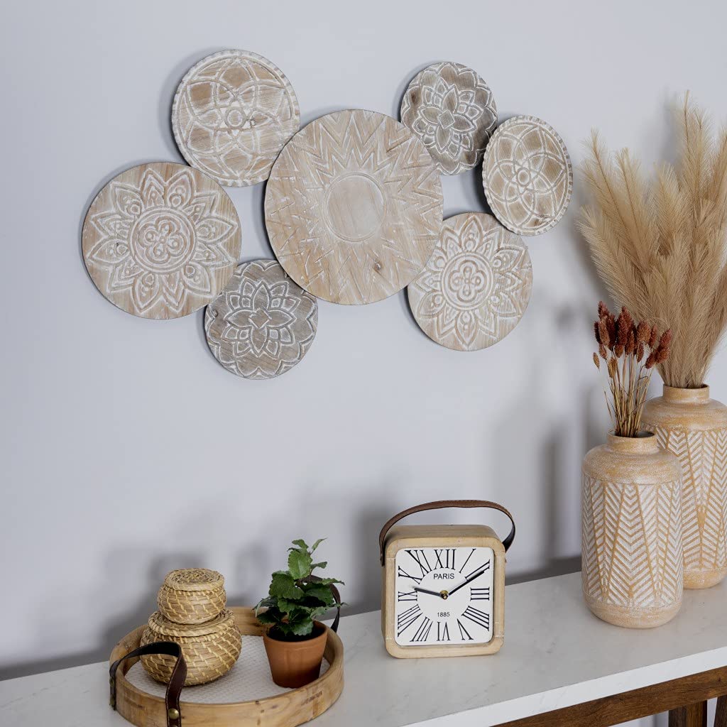 HomeRoots Natural Wood MDF WoodClock ComponentLeather Farmhouse Style Wooden Table Clock