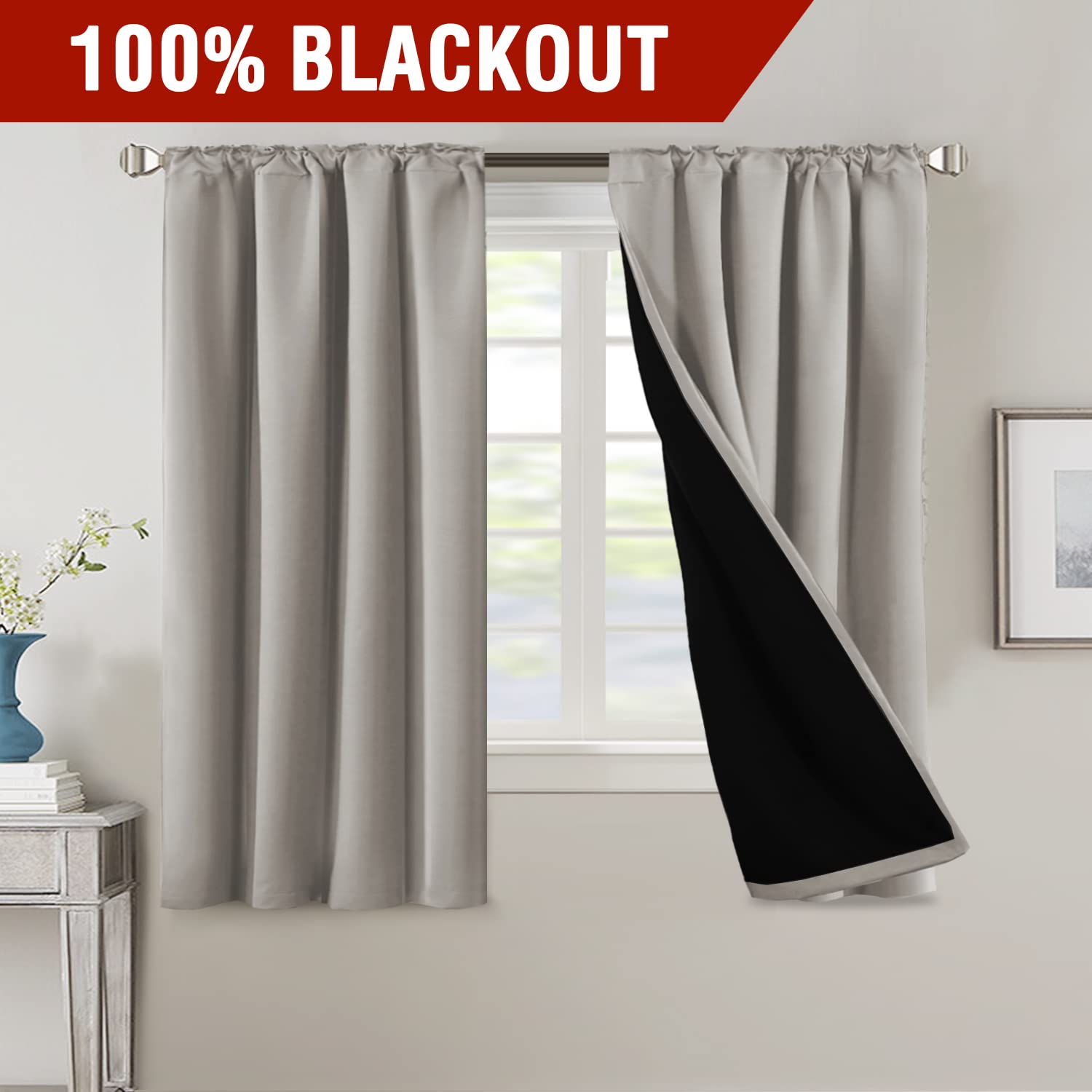 H.Versailtex 100% Blackout Curtains For Bedroom With Black Liner Full Room Darkening Curtains Thermal Insulated Back Tab/Rod Poc