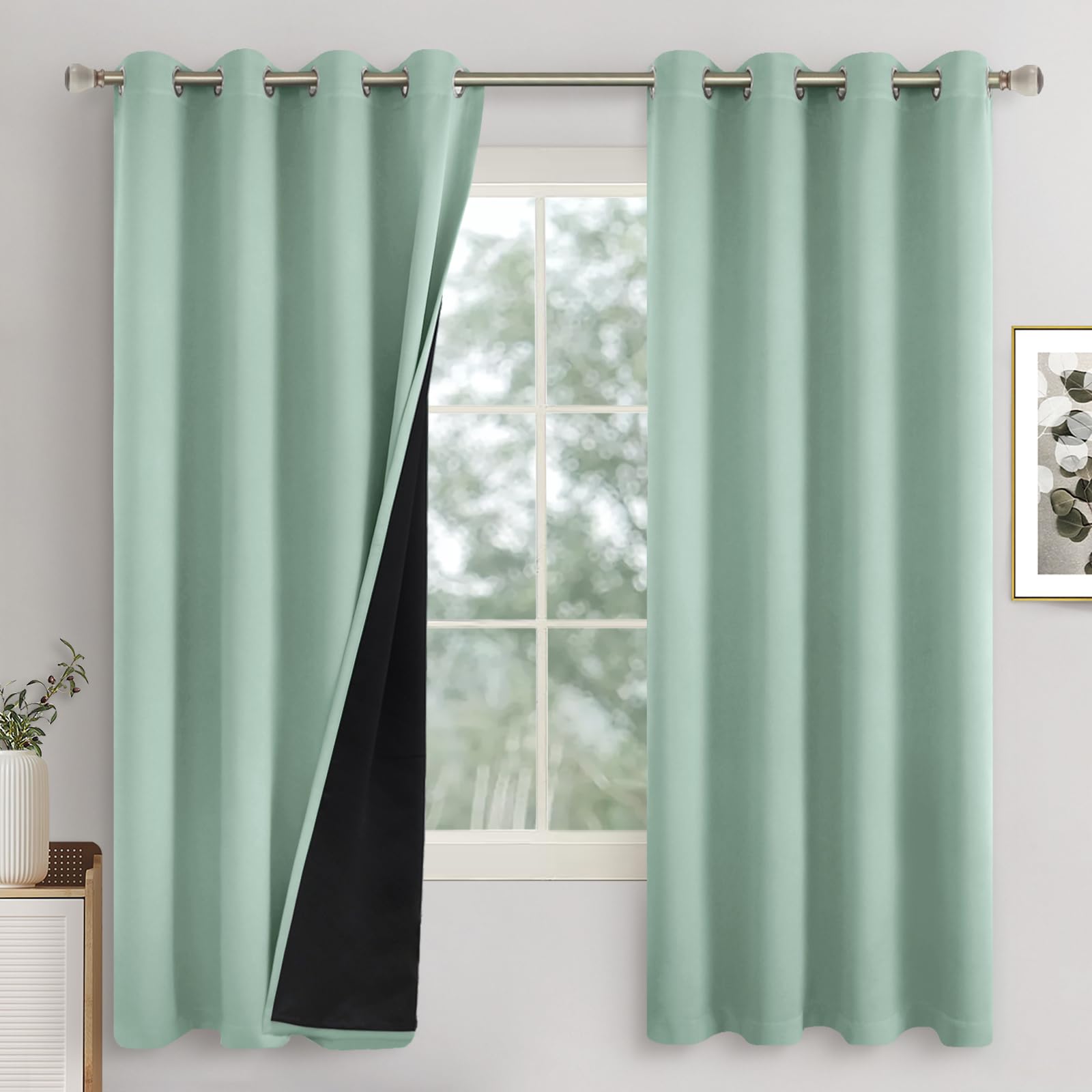 Quemas Frosty Green Blackout Curtains For Bedroom 63 Inch Length 2 Panels, Thermal Insulated 100% Light Blocking Soundproof Grom