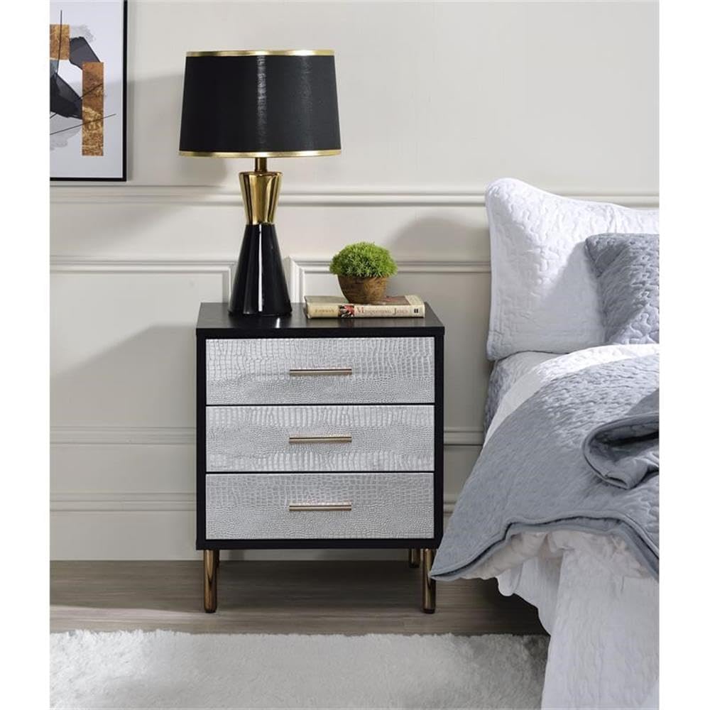 Acme Furniture Nightstand with 3 Drawers, Black, Silver and Gold