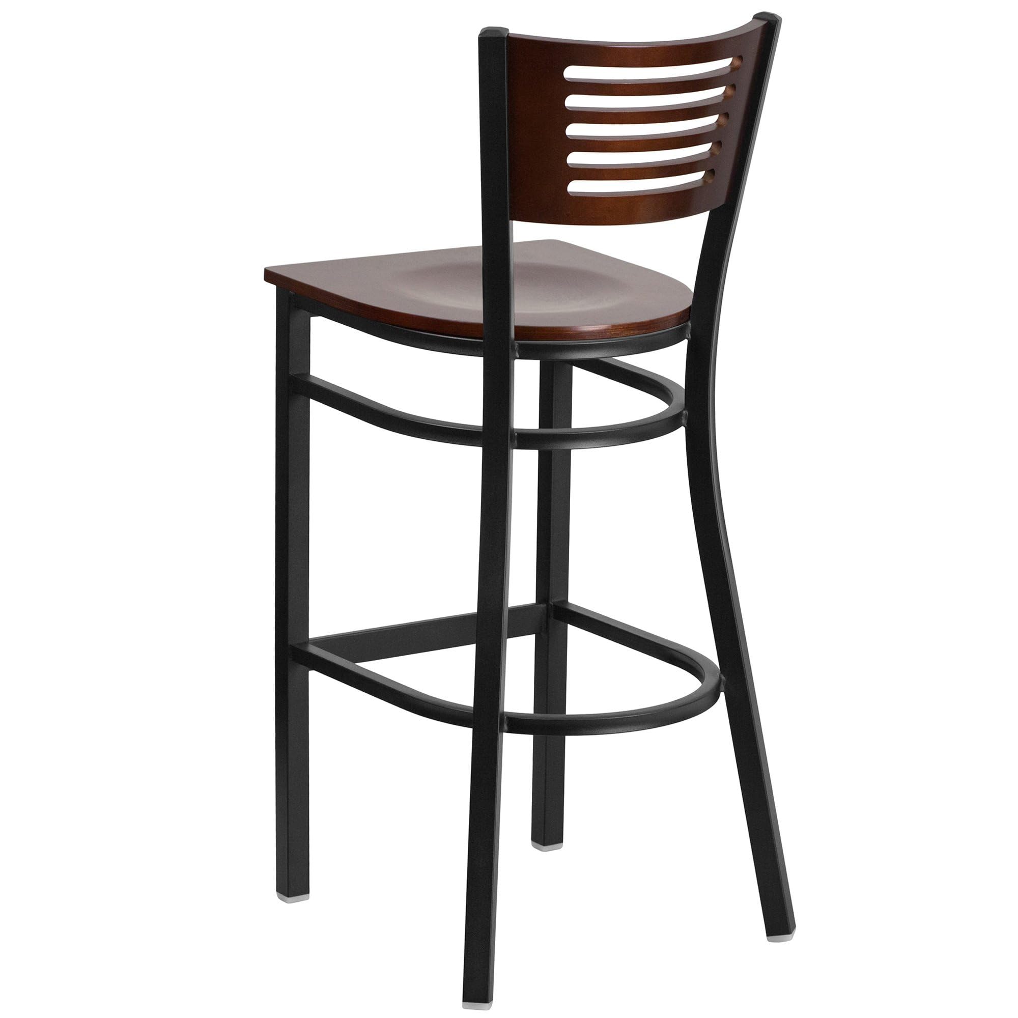 Flash Furniture Hercules Series Black Slat Back Metal Restaurant Barstool - Walnut Wood Back & Seat