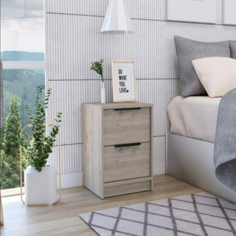 Nightstand Cervants, Two Drawers, Metal Handle - Light Gray