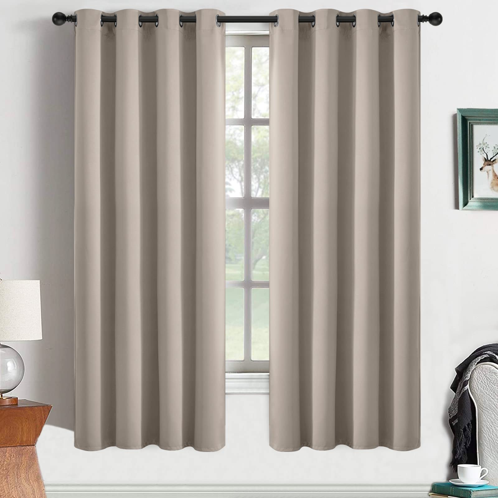 Yakamok Room Darkening Blackout Curtains Thermal Insulated Grommet Curtain Panels For Bedroom, 52W X 63L, Natural, 2 Panels