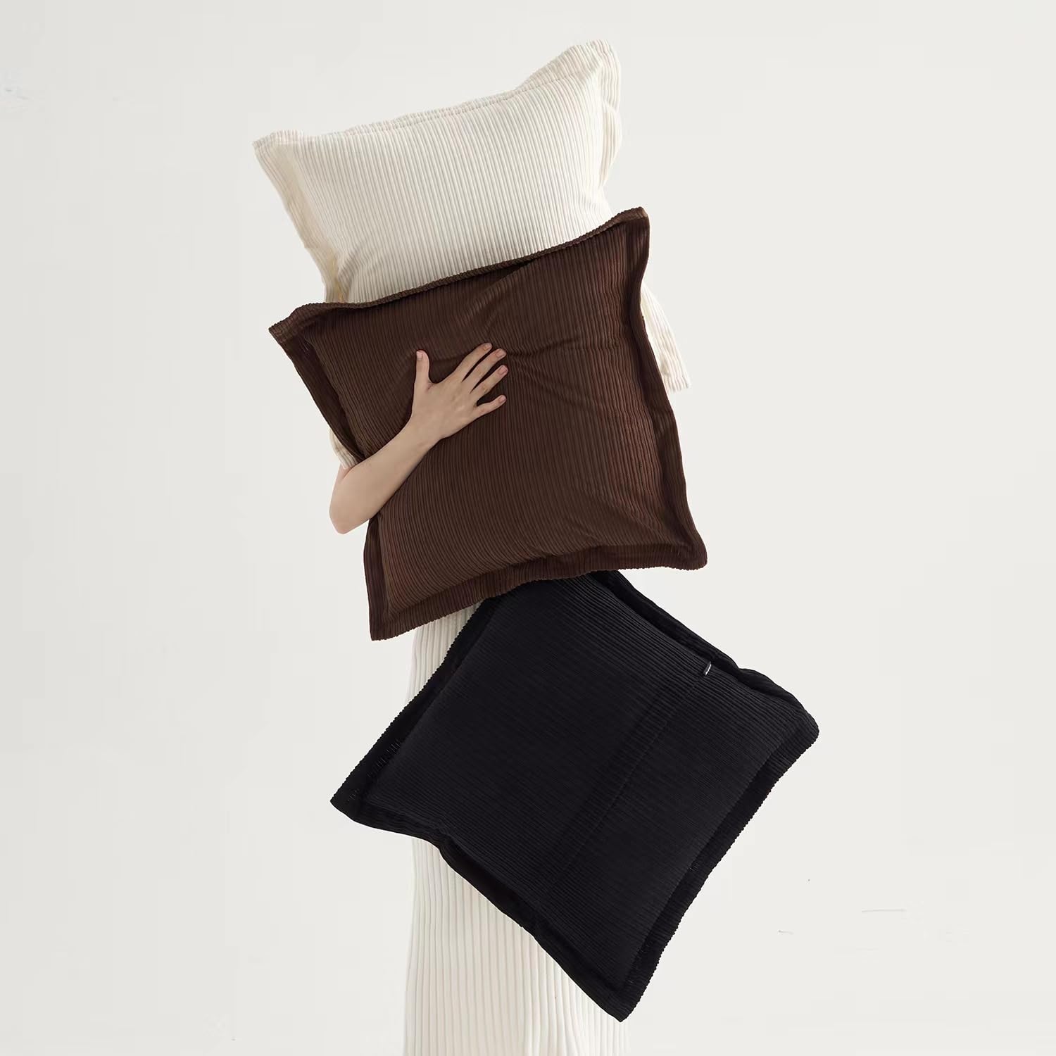 Coco Top Set Of 3 Classic Vintage Decorative Throw Pillow Covers 20X20Inch, Striped Corduroy Cute Soft Fluffy Square Cushion Cov