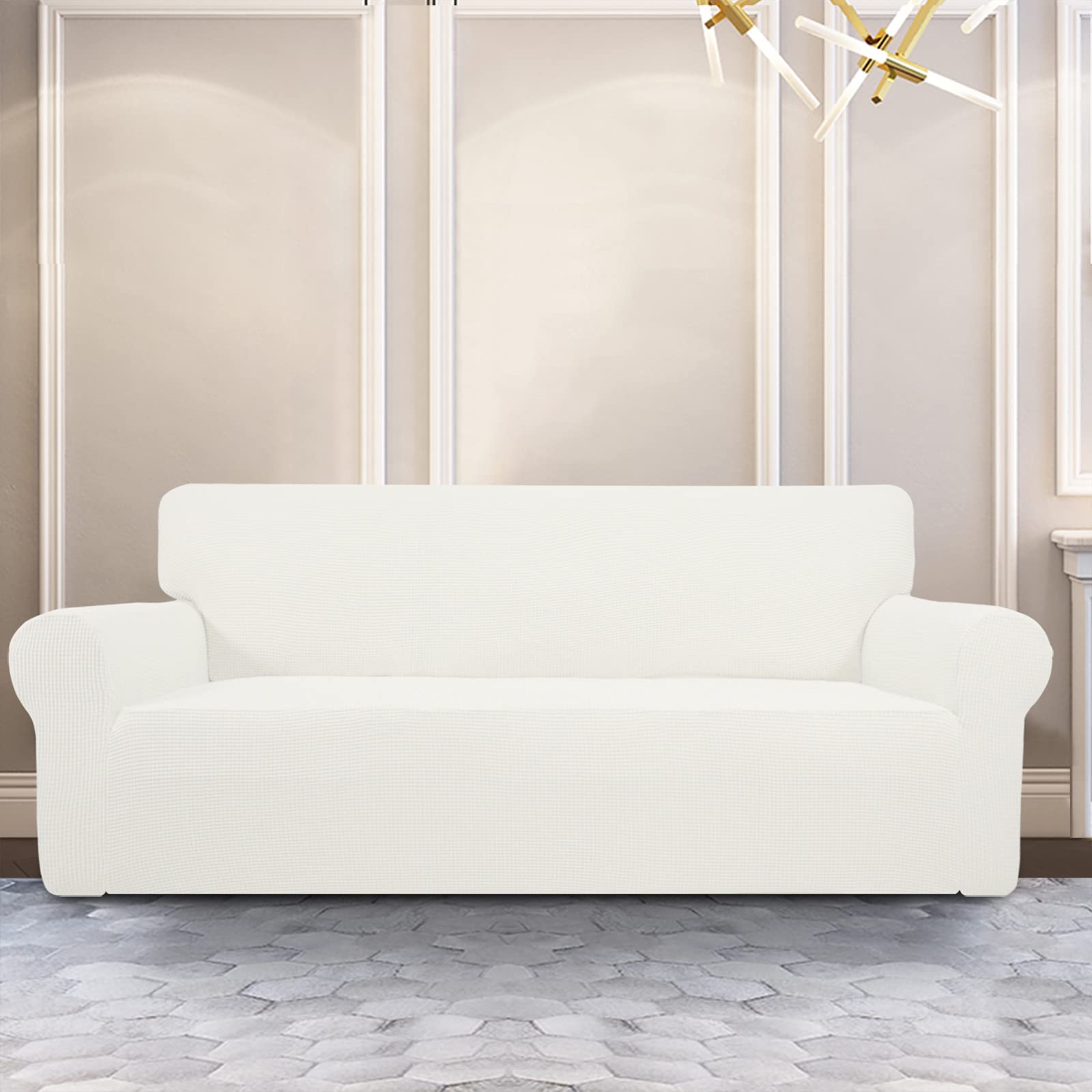 Purefit Stretch Sofa Slipcover – Spandex Jacquard Non Slip Soft Couch Sofa Cover, Washable Furniture Protector With Non Skid Foam And Elastic Bottom For Kids (Sofa, Cream)