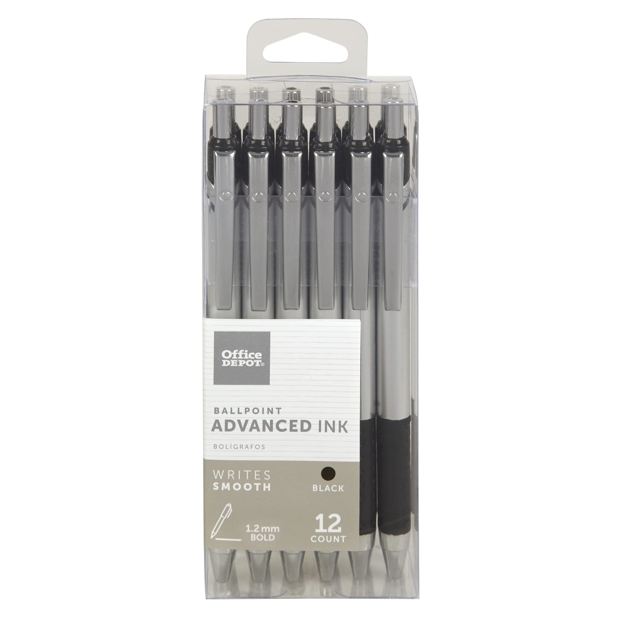 Office Depot Advanced Ink Retractable Ballpoint Pens, Bold Point, 1.2 Mm, Silver Barrel, Black Ink, Pack Of 12