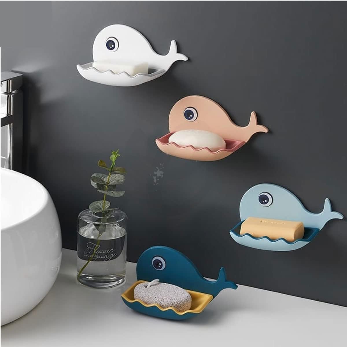 Gantrix 1 PCS Fish Shape Self Draining Soap Holder Wall Mounted with Adhesive No Drill Waterproof Plastic Soap Dish Tray for Bat