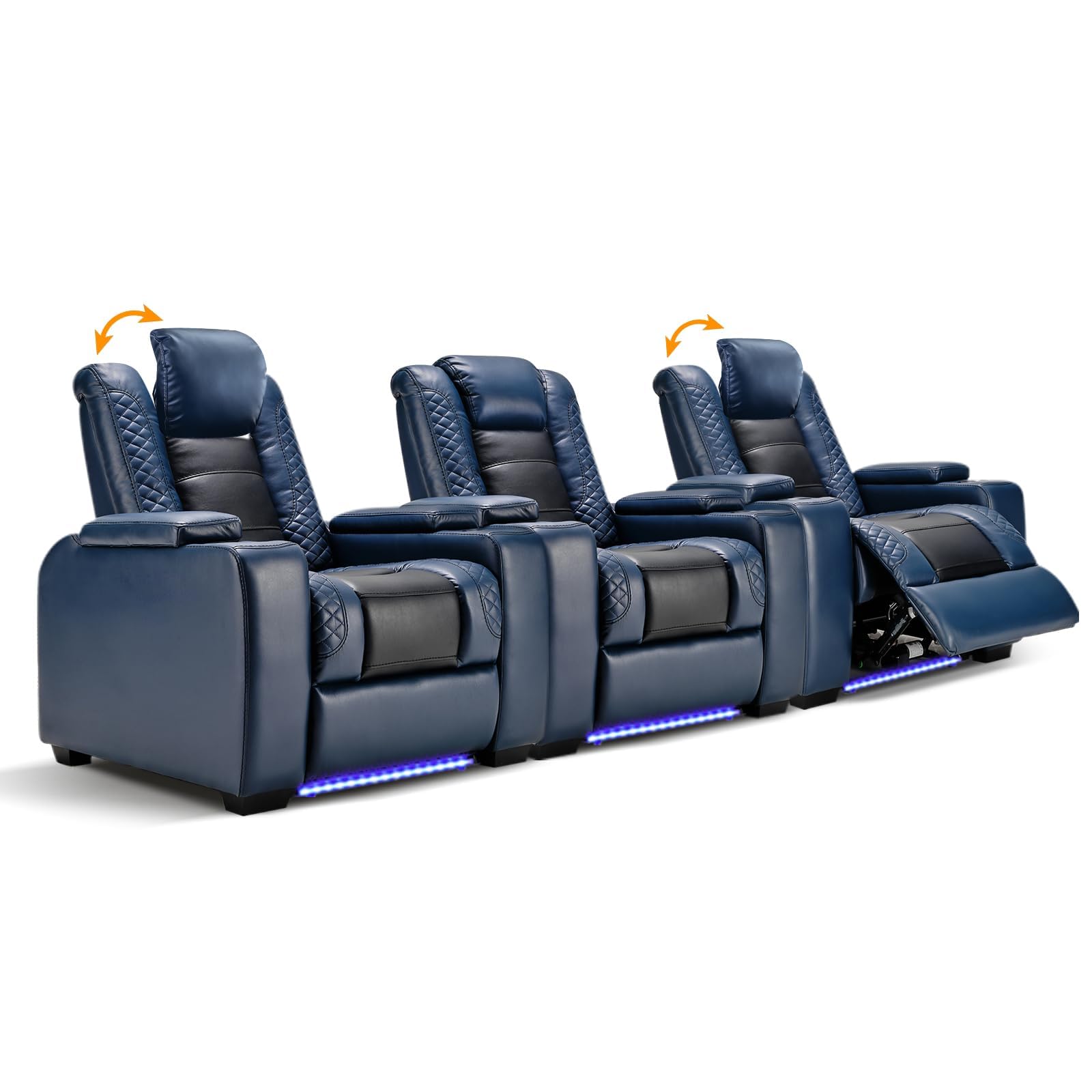 Anj Power Home Theater Seating Set Of 3, Blue Faux Leather Electric Recliner Chair With Powered Headrest, Dual Motors Movie Recl