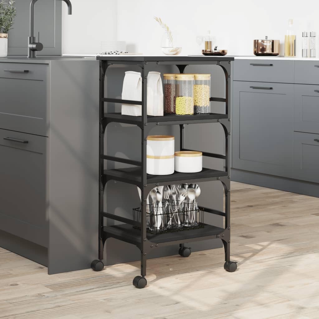 vidaXL Kitchen Trolley in Black - Engineered Wood Storage Cart, Mobile Organizer with Wheels, Ample Shelving for Kitchens/Bathrooms/Studies