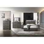 Acme Escher Wooden Eastern King Panel Bed with LED in Gray Oak