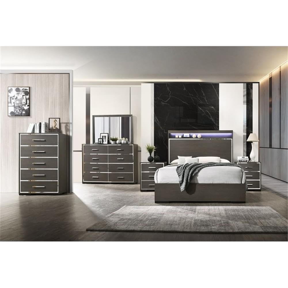 Acme Escher Wooden Eastern King Panel Bed with LED in Gray Oak