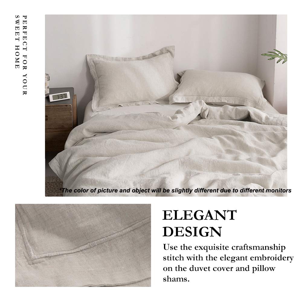 Simple&Opulence 100% Linen Duvet Cover Set With Embroidery Border Washed - 3 Pieces (1 Duvet Cover With 2 Pillow Shams) With Button Closure Soft Breathable Farmhouse - Linen, Full Size