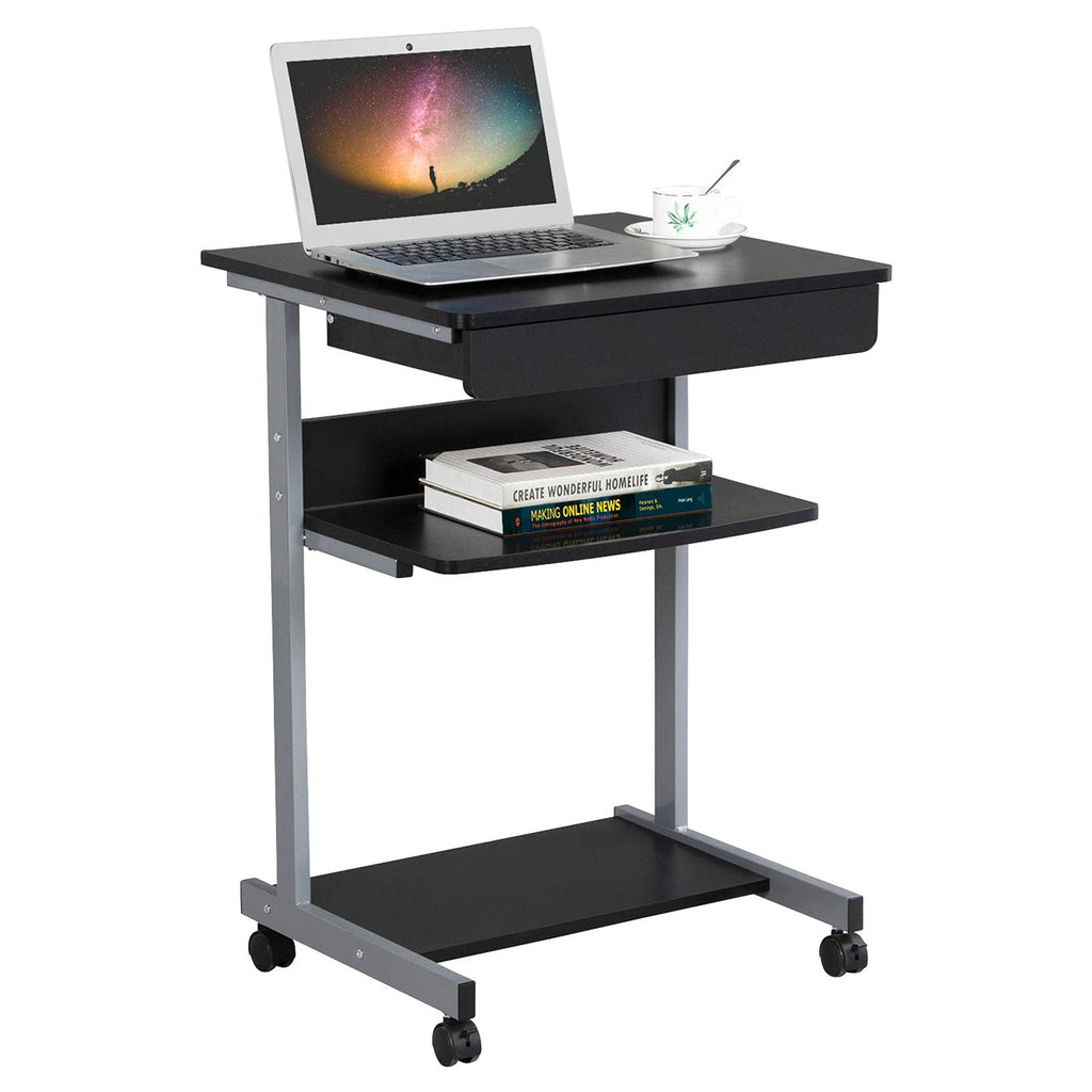 Topeakmart Mobile Compact Computer Desk Cart For Small Spaces, Work Workstation, Writing Desk Table With Drawers And Printer Shelf On Wheels