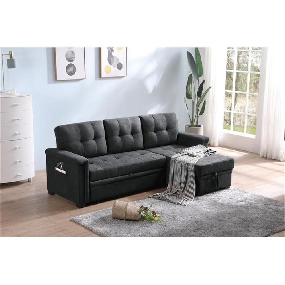 Lilola Home Kinsley Dark Gray Woven Fabric Sleeper Sectional Sofa Chaise with USB Charger and Tablet Pocket