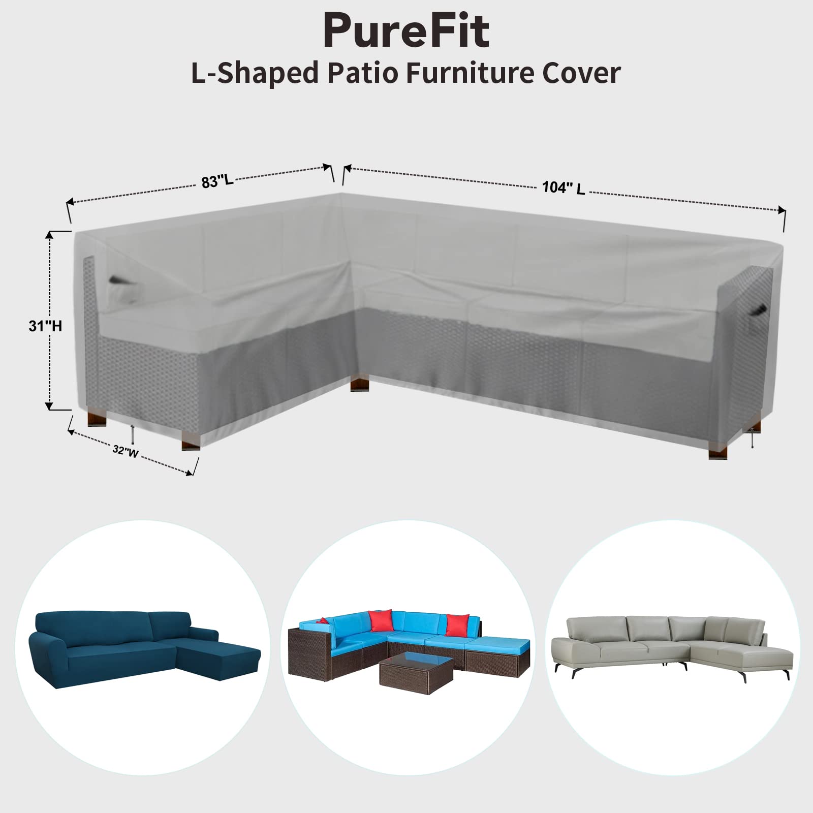 Purefit Outdoor Sectional Sofa Cover Waterproof L Shaped Patio Furniture Covers For Deck, Lawn And Backyard, 83”X104” Left Facing, Gray