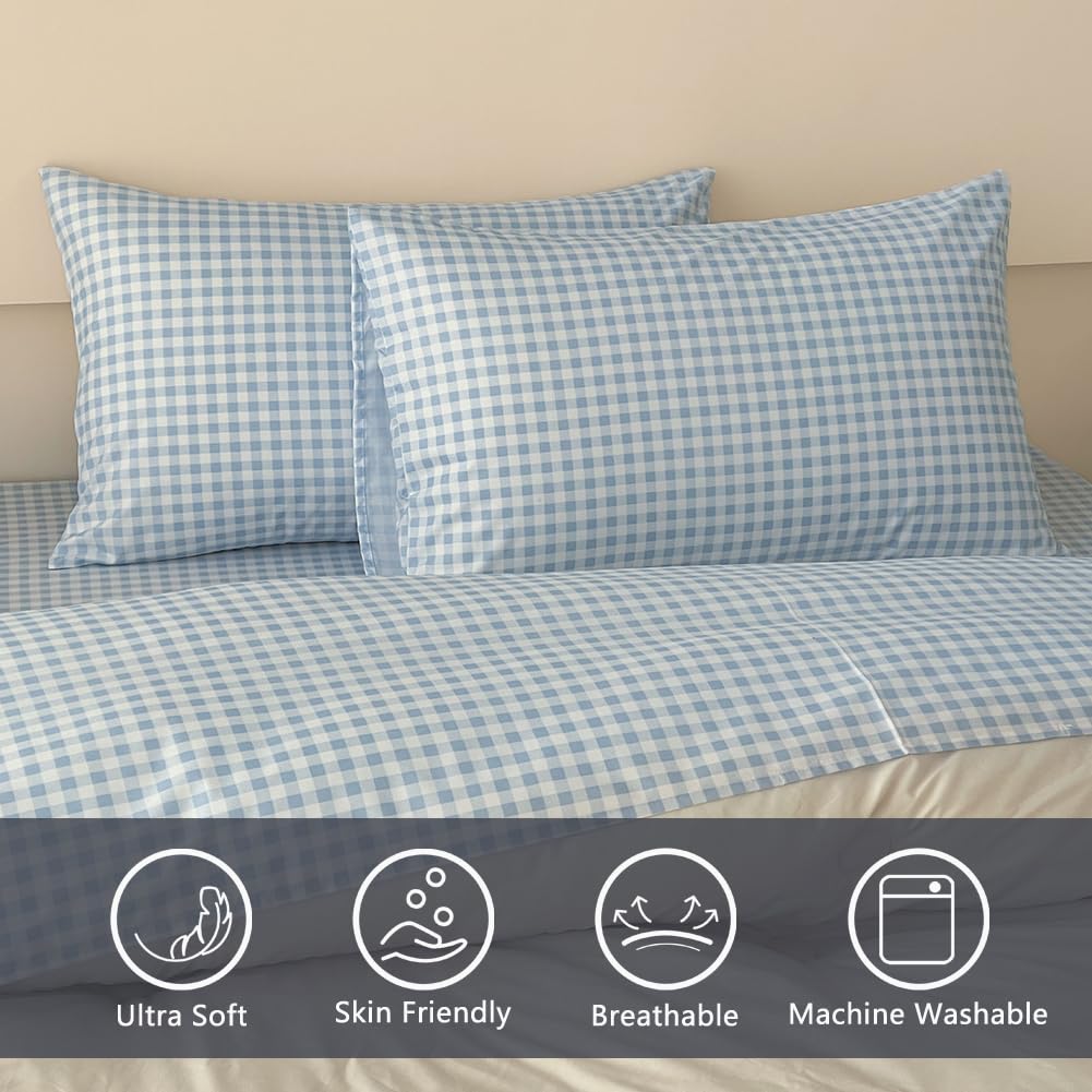 Nsnlgsgc Light Blue Gingham Twin Kids Sheet Set, Soft Brushed Microfiber Baby Blue Plaid Twin Bed Sheets, 3-Pieces Sheet Set Wit