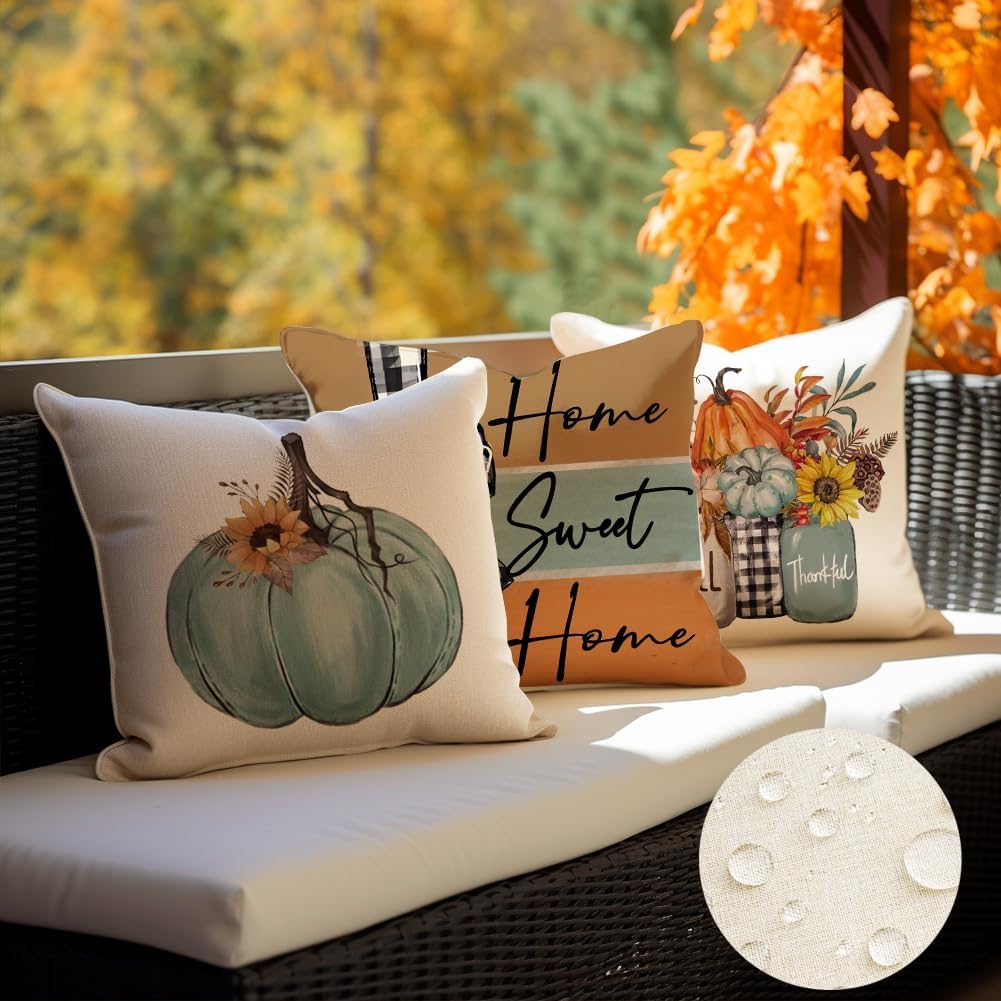 Rabusofa Fall Outdoor Pillows Waterproof 18X18 Inch Set Of 4 Thanksgiving Decorations For Autumn Home Sweet Home Thankful Gratef