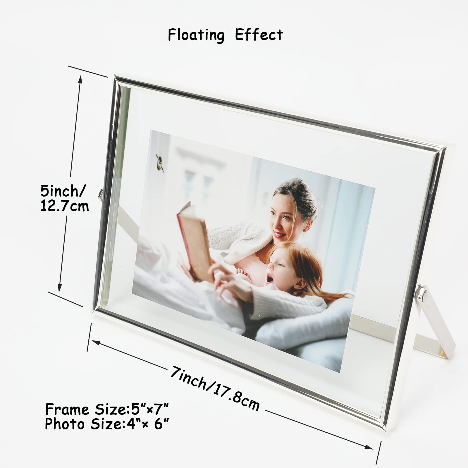 Ahago Silver Floating Frame (5''X7'', Horizontal), For Picture 4X6,3X5,2X3, Tabletop Shelf Photo Frame, Modern Minimalist Style,