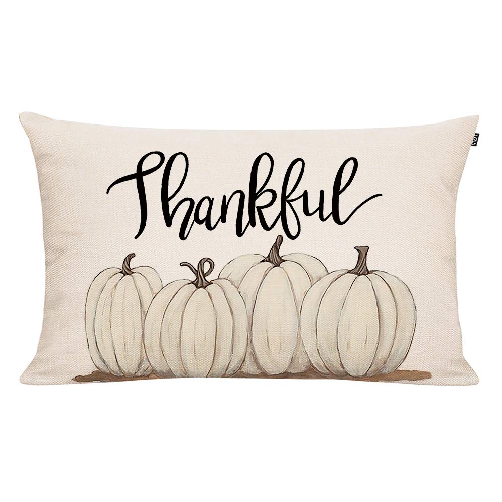 Gtext Fall Throw Pillow Cover Autumn Decor Thankful With White Pumpkins Pillow Cover 20X12 Inch Outdoor Pillow Linen Square Pill