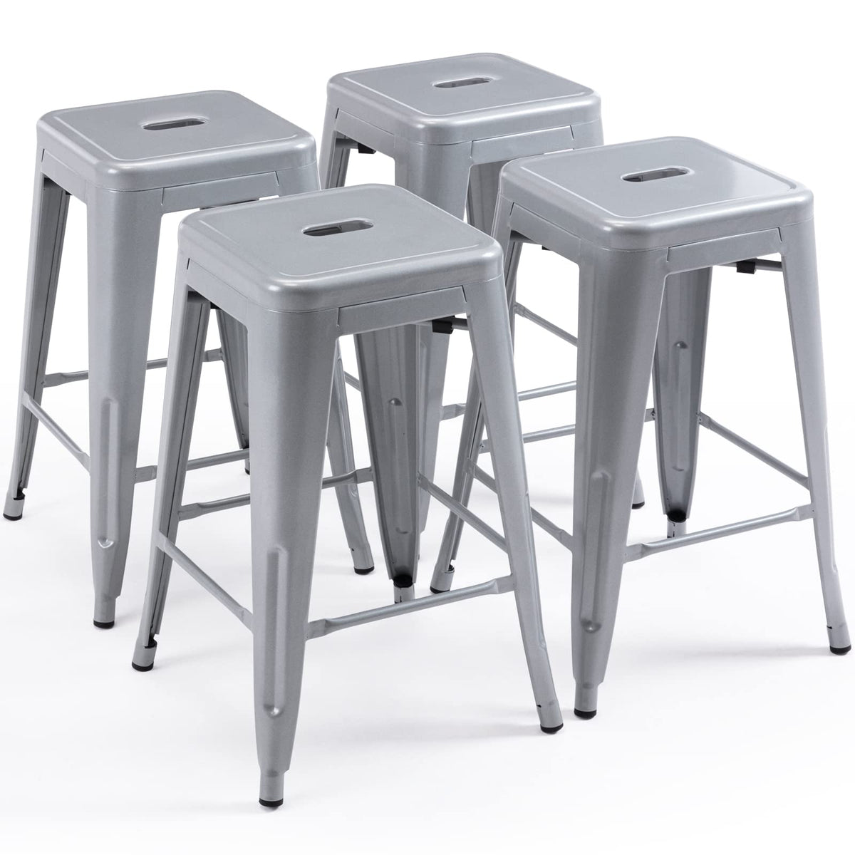 Vogue Furniture Direct 24' High Bar Stools Backless Silver Metal Barstools Indoor-Outdoor Counter Height Stools With Square Seat, Set Of 4
