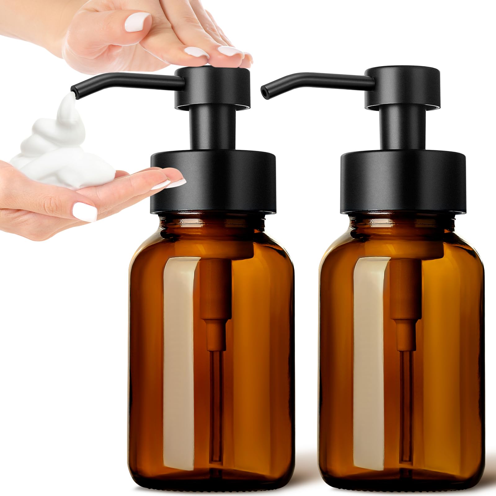 GMISUN Foaming Soap Dispenser, 8.5 Oz Amber Glass Foam Soap Dispenser for Bathroom & Kitchen, 2 Pack Modern Refillable Foaming H