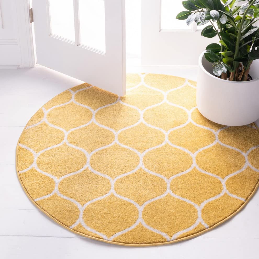 Unique Loom Trellis Frieze Collection Area Rug - Rounded (5' 1'' Round, Yellow/ Ivory)