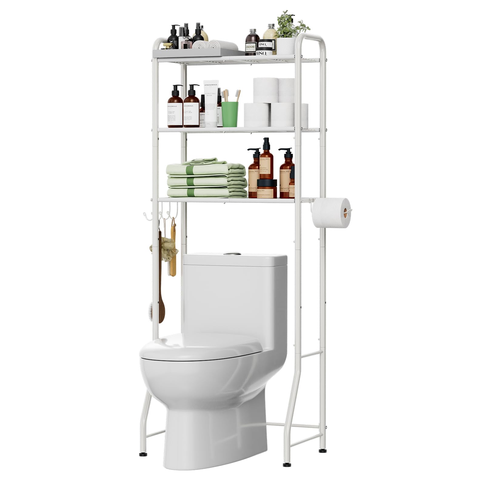 Simple Trending Over The Toilet Storage Rack, Metal 3 Tier Bathroom Organizer Shelf With Paper Holder And 3 Hooks, White