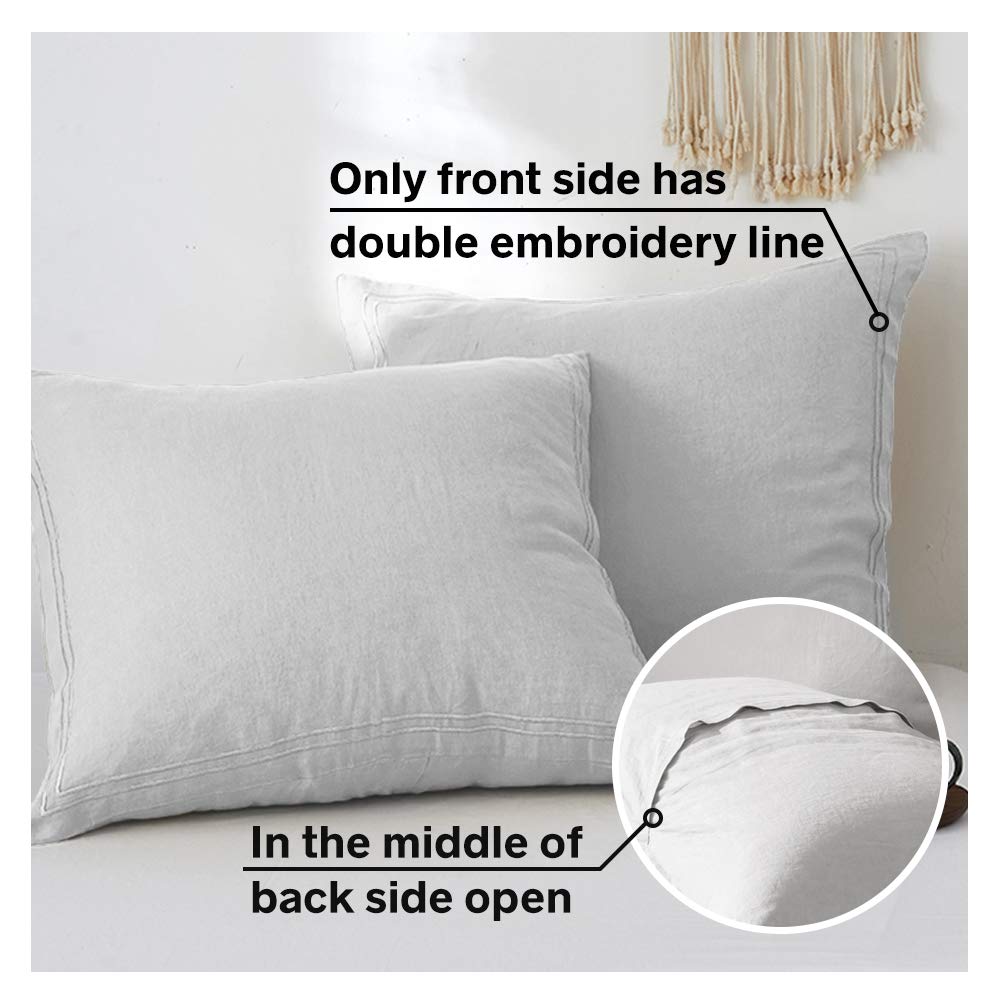 Simple&Opulence 100% French Linen Euro Shams With Embroidery (26'' X 26'') - Pack Of 2 - Pre Washed Solid Color Natural Flax Soft Breathable - Grey