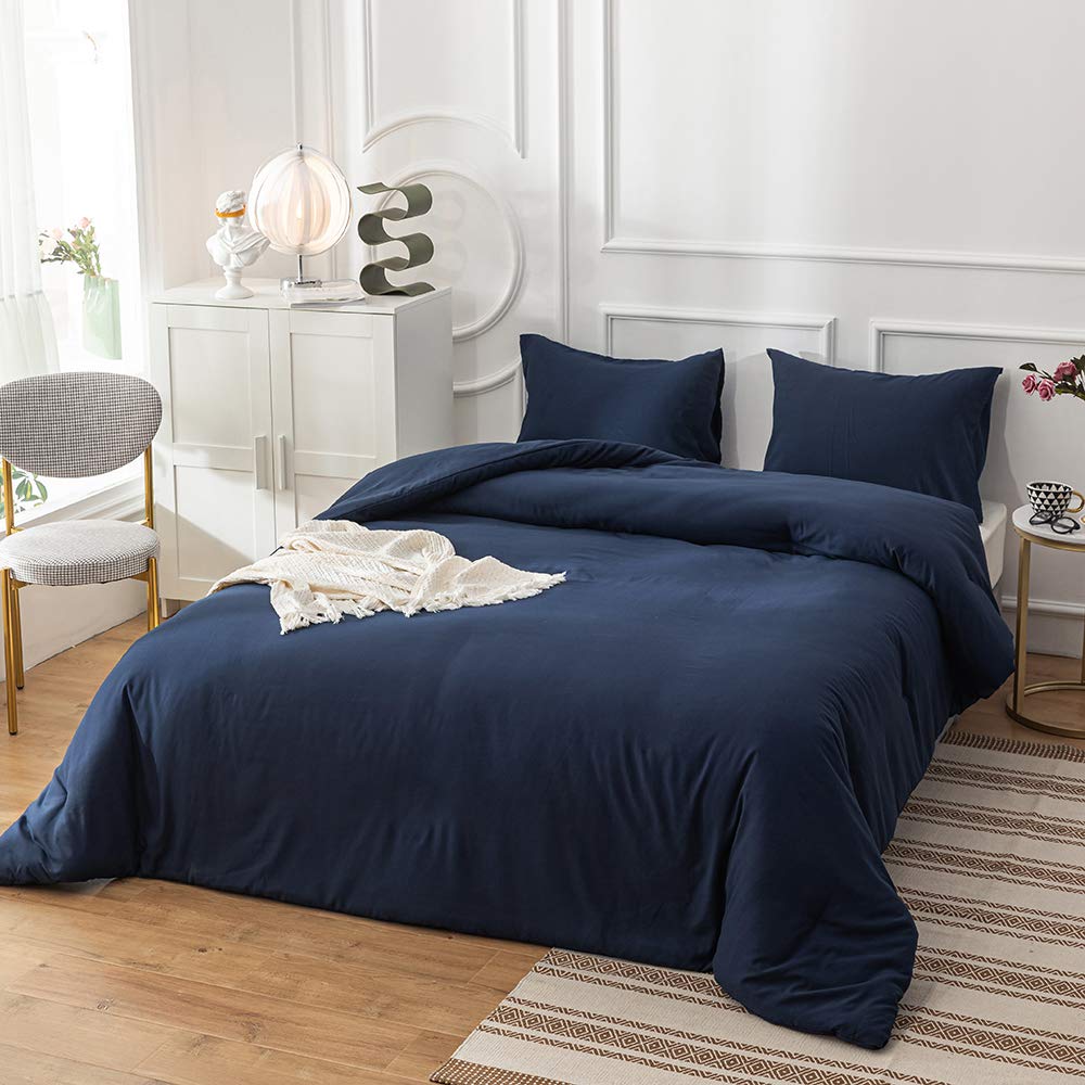 Clothknow Navy Blue Comforter Set King 3Pcs Dark Blue Bedding Comforter Sets Blue Comforter King Size Soft Blue King Comforter S