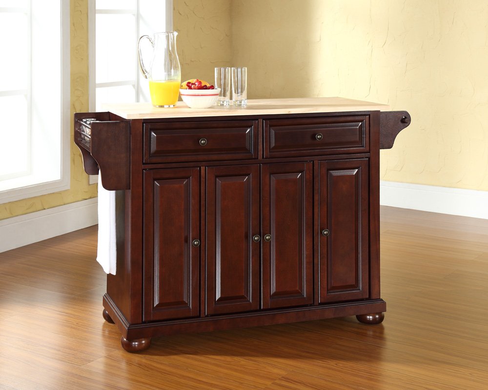 Crosley Furniture Alexandria Wood Top Rolling Kitchen Island Storage Cart, Microwave Stand, Spice Rack, Mahogany