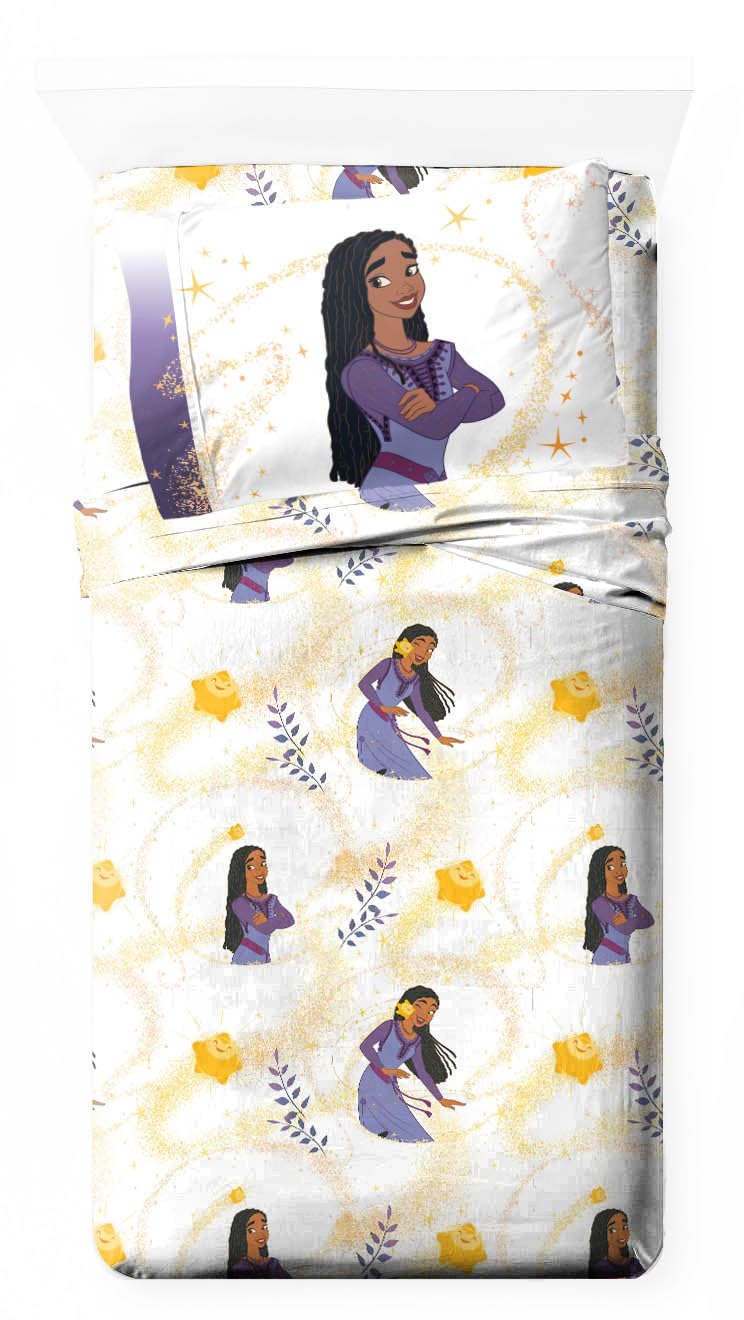 Jay Franco Disney Wish Twin Size Sheet Set - Super Soft Kids 3 Piece Bedding Set Features Asha, Valentino, & Wishing Star - Micr