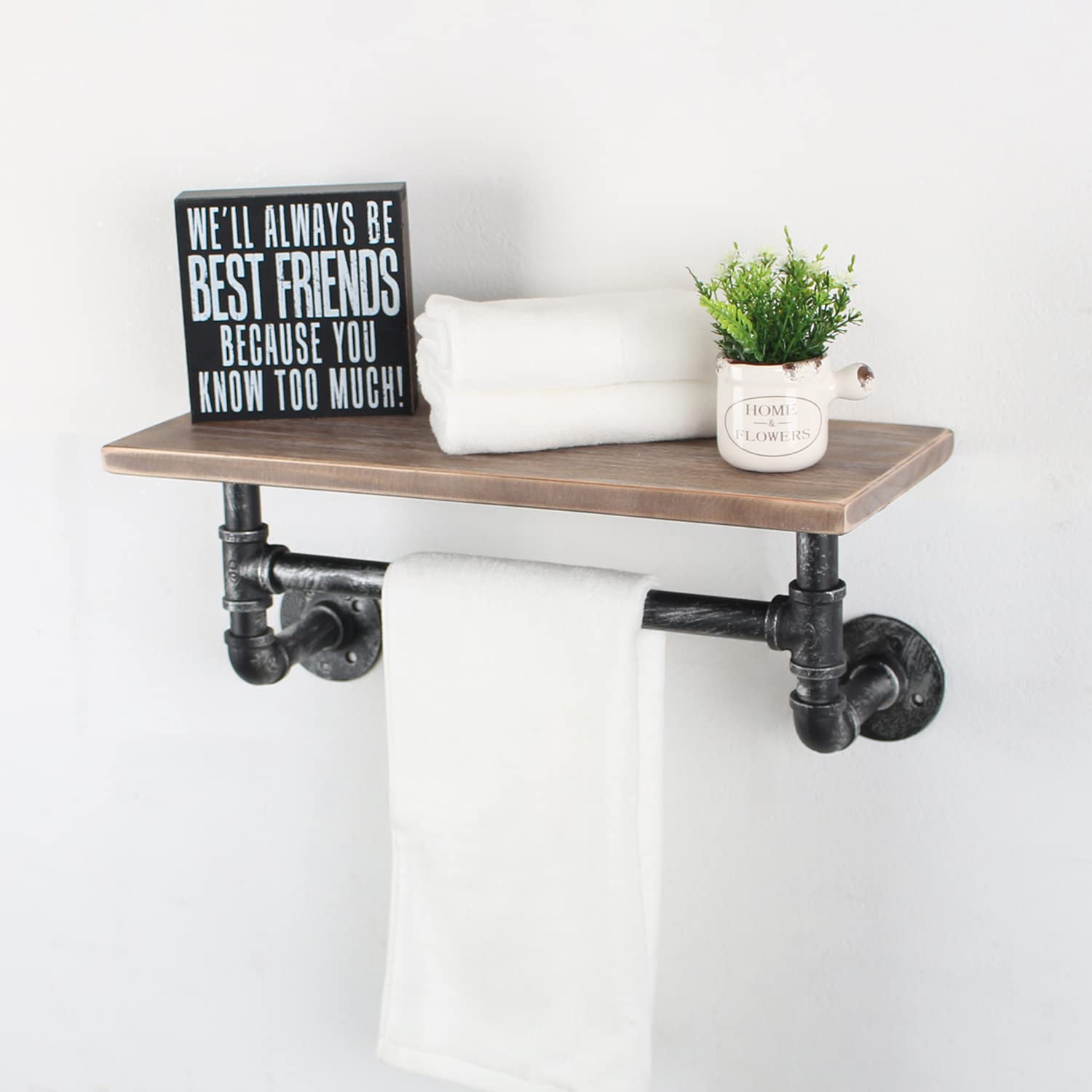 Industrial Pipe Shelf Bathroom Shelves Wall Mounted,19.6in Rustic Wood Shelf with Towel Bar,1 Tier Farmhouse Towel Rack Over Toi