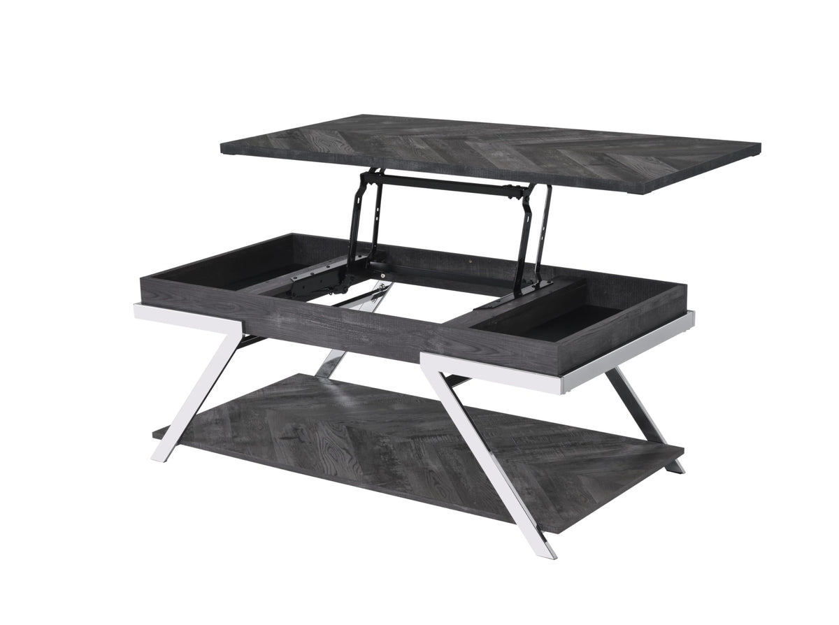 Steve Silver Co Roma Lift-Top Cocktail Table, Living Room, Silvershield® Tops, Undertop Storage Space, Bottom Shelf, Chrome Legs, Contemporary Style, 47.5&quot; D x 24&quot; W x 19.25&quot; H, Black/Chrome