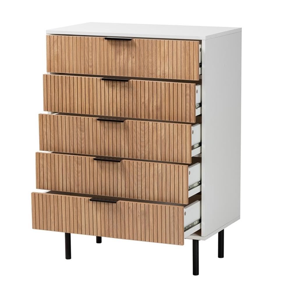Baxton Studio Karima Mid-Century Modern Two-Tone White and Natural Brown Finished Wood and Black Metal 5-Drawer Storage Cabinet