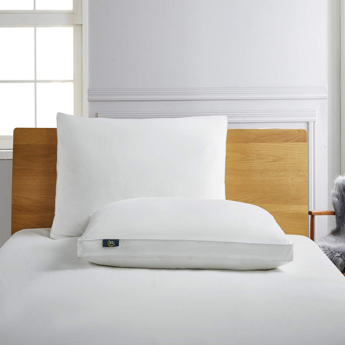 Serta 233 Thread White Goose Feather Gusseted Supportive 100% Cotton Hotel Collection Bed Side Sleeper Pillow, 2 Count (Pack Of