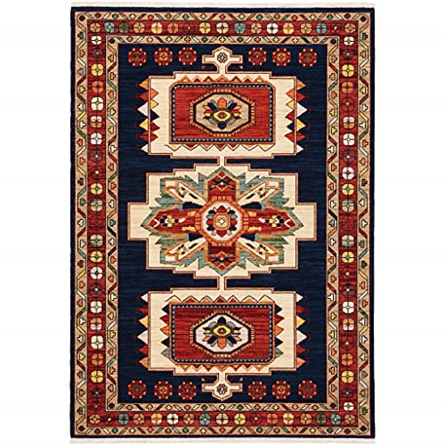 HomeRoots Wool, Nylon 7' x 10' Blue Red Machine Woven Medallions Indoor Area Rug