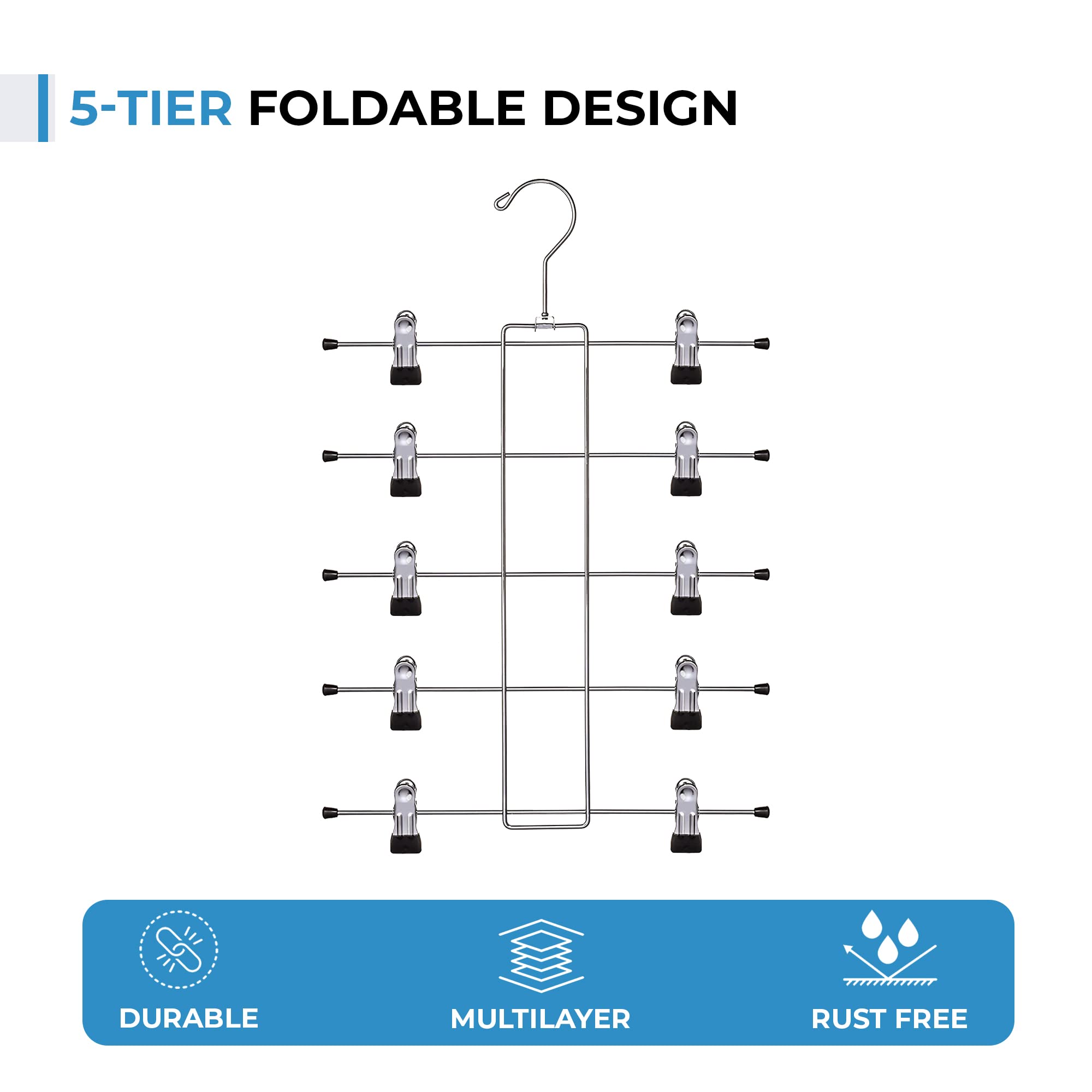 5 Tier Metal Hangers With Clips - Pack Of 2 Space-Saving Wire Hangers, Heavy Duty Stainless Steel Clothes Hangers For Pants, Ski