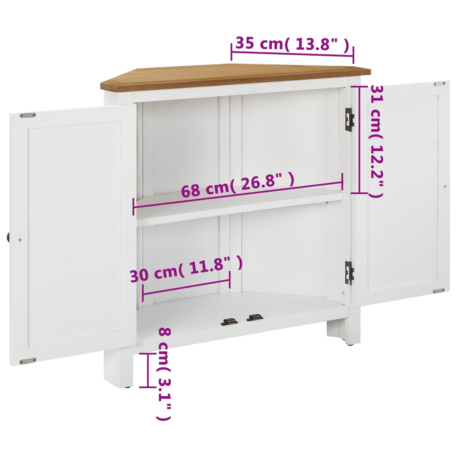 vidaXL Solid Oak Wood Corner Cabinet, Natural Finish Top, White Painted Body, Unique Wood Grain Details, 2 Shelves Storage, Farmhouse Style, Dimensions 31.5"x13.2"x30.7"