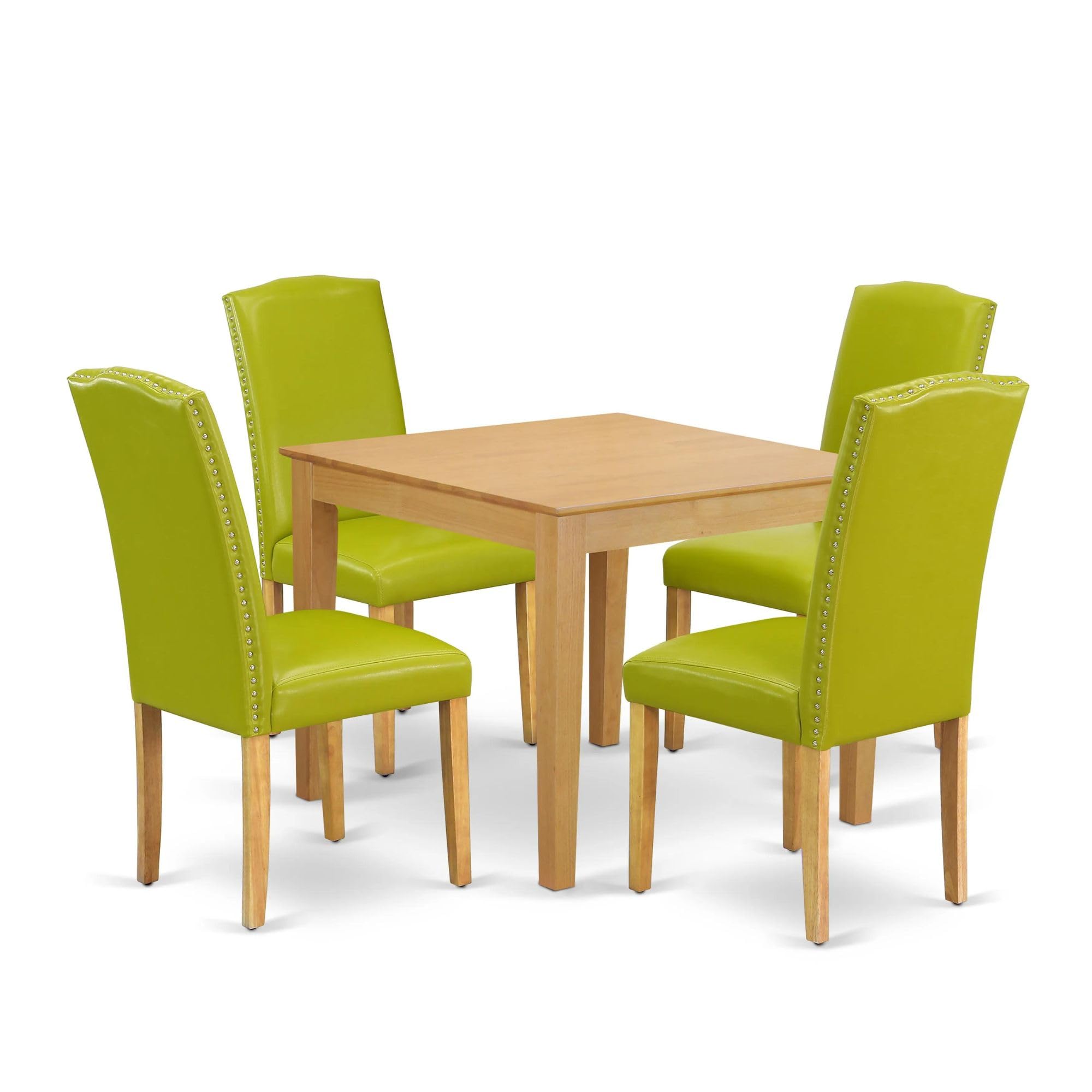 East West Furniture Oxen5-Oak-51 5 Piece Dining Set Includes A Square Dining Room Table And 4 Autumn Green Faux Leather Upholstered Parson Chairs, 36X36 Inch, Oak