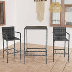 vidaXL - Modern 3-Piece Bar Set for Patio in Gray, Made from Durable Poly Rattan with Armrests and Footrest for Comfort, Easy-to-Clean Tempered Glass Tabletop