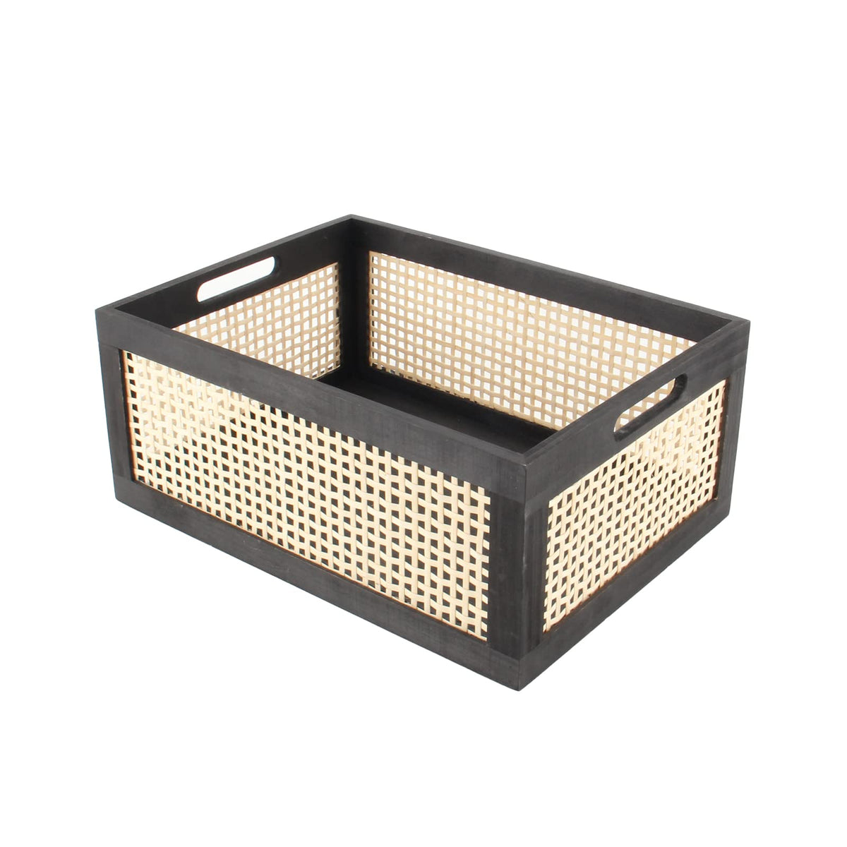 HODAKJUE Black Wooden Rattan Storage Basket with Handle,14.96x11.02x6.30