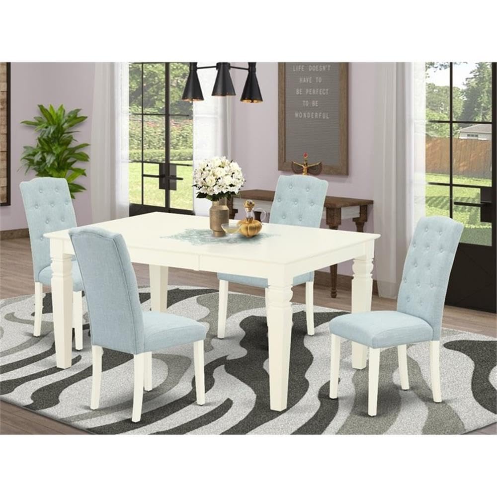 East West Furniture Wece5-Whi-15 5 Piece Dining Set Includes A Rectangle Dining Room Table With Butterfly Leaf And 4 Baby Blue Linen Fabric Upholstered Chairs, 42X60 Inch, Linen White