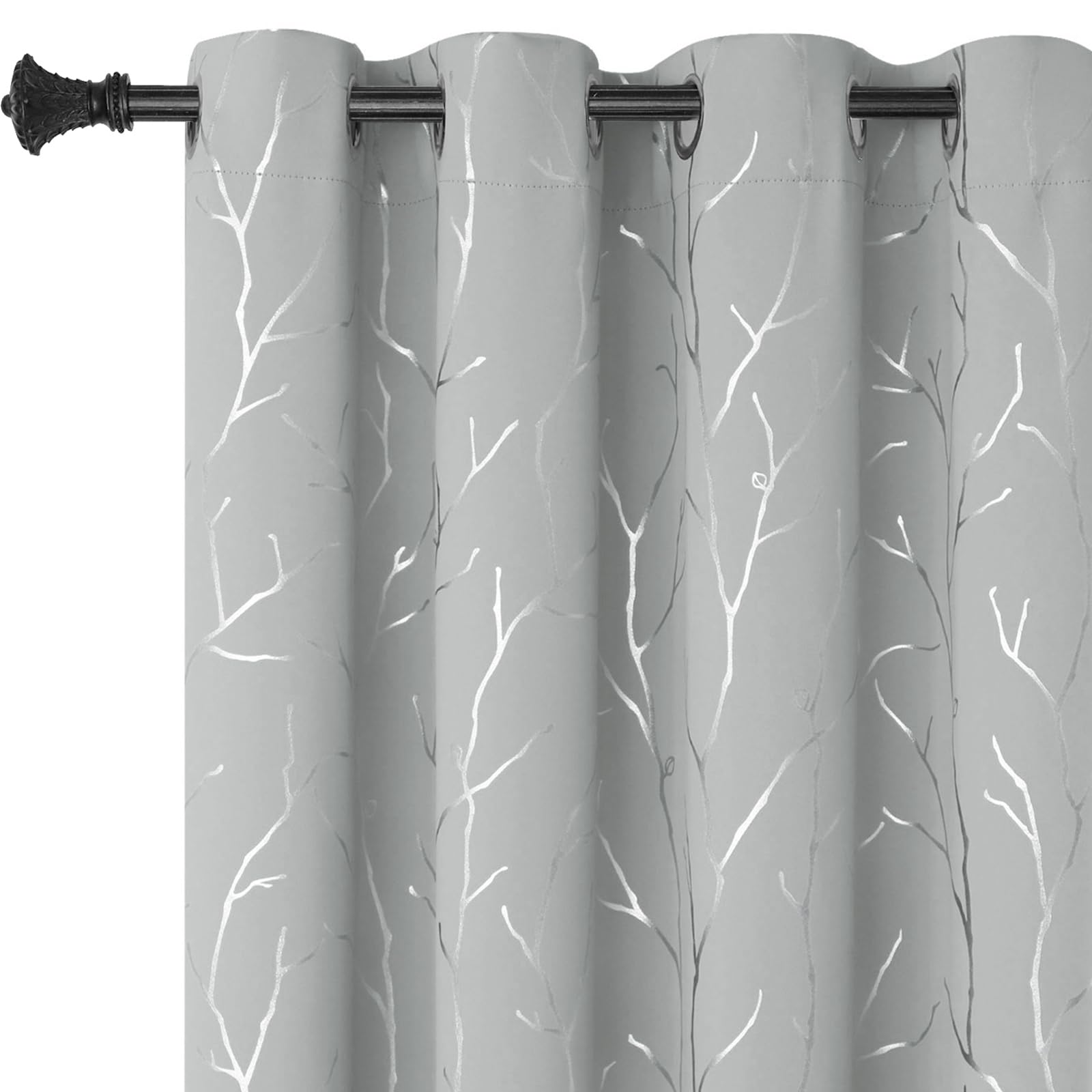 Buhua Kids Room Darkening Curtains 72-Inch Silver Tree Branch Blackout Curtains Grommet Curtains For Bedroom Window 52W  72L Sil