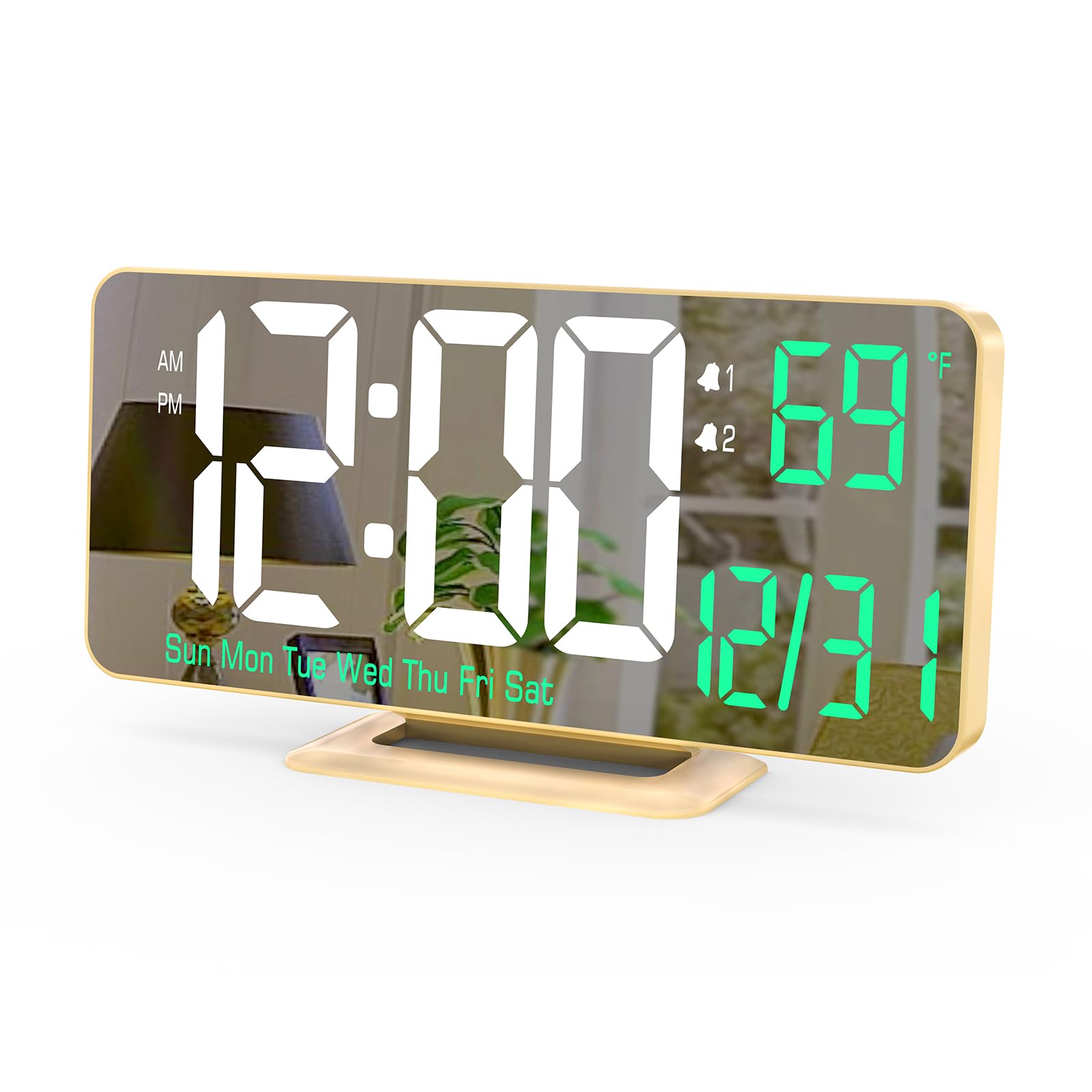 KOSUMOSU Desk Clock for Bedroom Accessories 6.7in Gold Digital Alarm Clock with Dimming,12/24h, Date, Day of Week, Temp, LED Clo